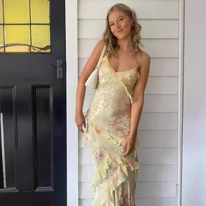 Damen Maxikleid mit Rüschen – Elegantes, ärmelloses Strandkleid im Socialite-Stil für Sommer und besondere Anlässe