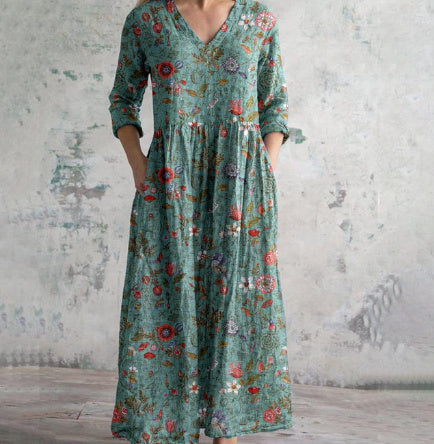 Damen Maxikleid Vintage Boho Stil mit Blumenmuster – Freizeit & Alltag, Elegant, Locker