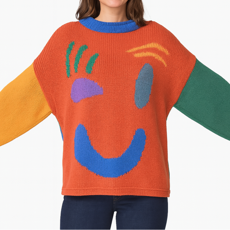 Damen Strickpullover im Künstlerstil – Gemütlicher Freizeit Jumper mit abstraktem Gesichtsmuster