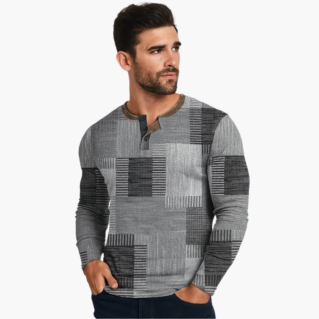 Herren Patchwork Strickpullover – Moderner Henley-Stil für Herbst & Winter