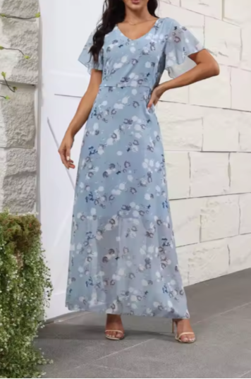 Damen Maxikleid in Rosa mit Blumenmuster – Elegantes Sommerkleid aus Chiffon mit Volantärmeln