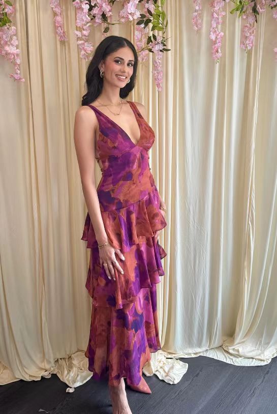 Damen Maxikleid mit Volants und V-Ausschnitt – Elegantes Sommerkleid im femininen Stil für besondere Anlässe