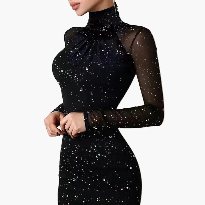 Damen Elegantes Bodycon Minikleid mit Glitzerpunkten – Abendmode Partykleid mit Stehkragen und Mesh-Ärmeln