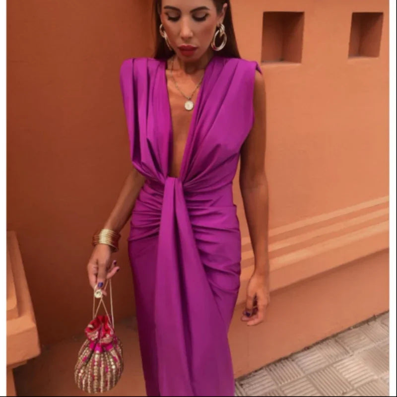 Damen Elegantes Abendkleid mit Tiefem V-Ausschnitt und Drapierung – Perfekt für besondere Anlässe