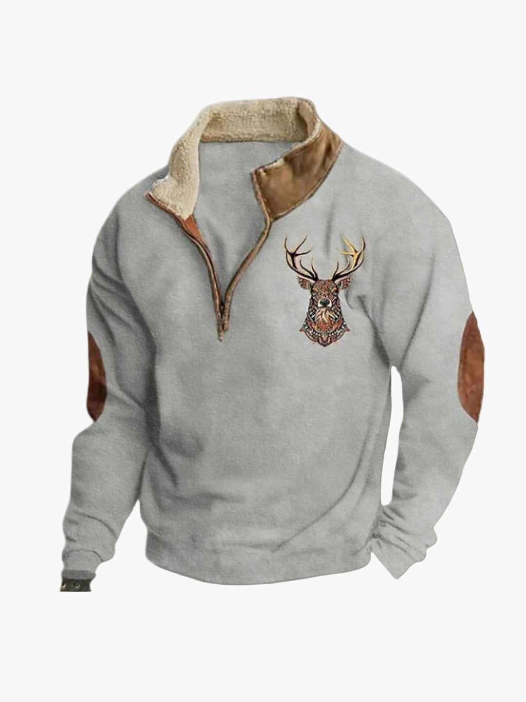 Herren Sweatshirt mit Hirschstickerei und Viertelreißverschluss – Gemütlicher Freizeitpullover für Outdoor & Alltag