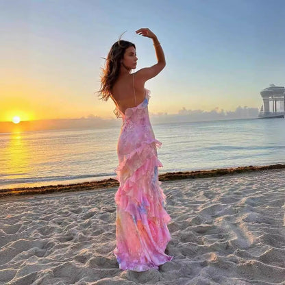 Damen Maxikleid mit Rüschen – Elegantes, ärmelloses Strandkleid im Socialite-Stil für Sommer und besondere Anlässe