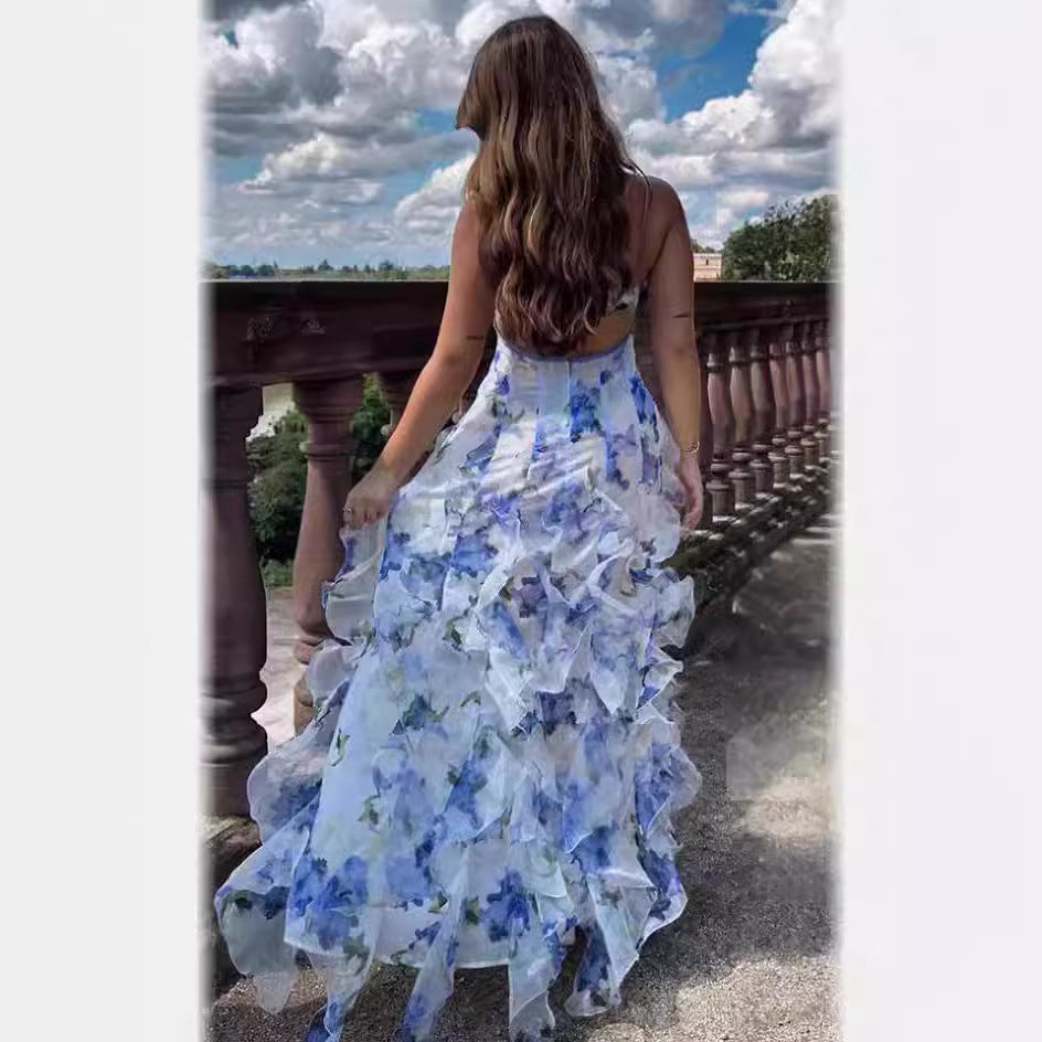 Damen Maxikleid mit 3D-Print für elegante Anlässe und Sommer-Partys – Organza, ärmellos, femininer Stil