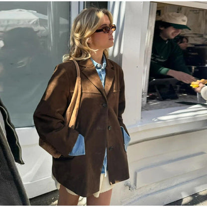 Damen Retro Kunstleder Blazer – Stilvolle Vintage Jacke für Alltag und Büro