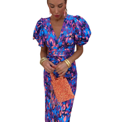 Damen Maxikleid mit Puffärmeln und modischem Animal-Print – Elegantes Partykleid für besondere Anlässe