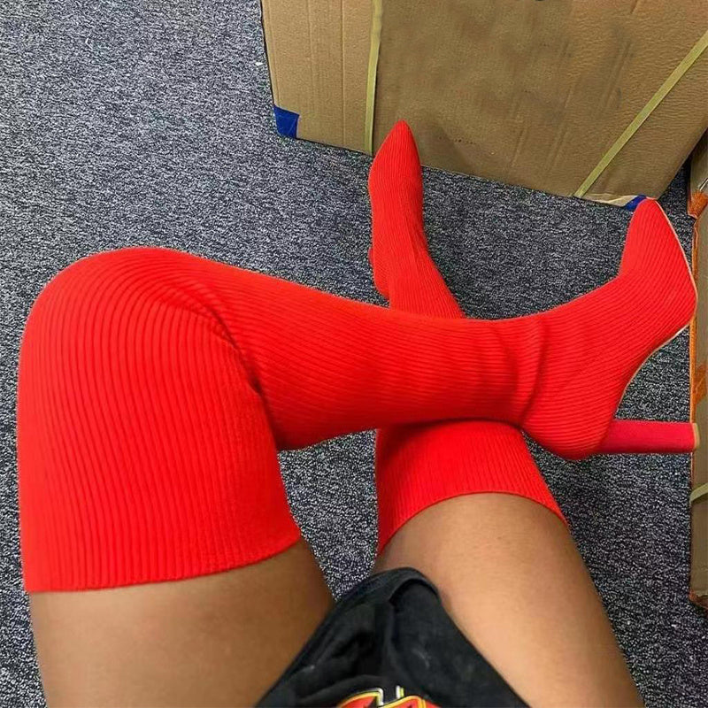 Kate – Über-Knie Kunstleder Stiefel mit spitzer Zehe und hohem Absatz