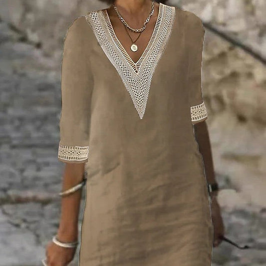 Rose – Schlichtes V-Ausschnitt Kleid mit mittellangen Ärmeln aus Baumwolle-