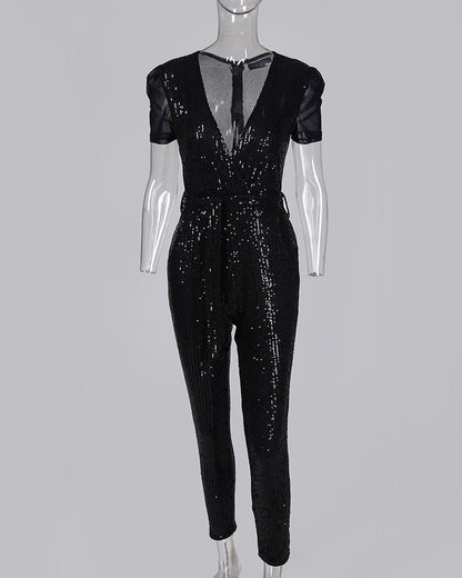 Hayley – Tiefer V-Ausschnitt Pailletten-Jumpsuit