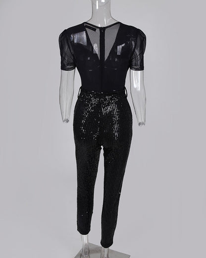 Hayley – Tiefer V-Ausschnitt Pailletten-Jumpsuit