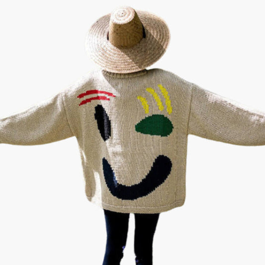 Damen Strickpullover im Künstlerstil – Gemütlicher Freizeit Jumper mit abstraktem Gesichtsmuster