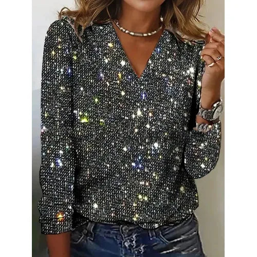 Damen Glitzer Pullover mit V-Ausschnitt – Elegantes Party Oberteil für festliche Anlässe