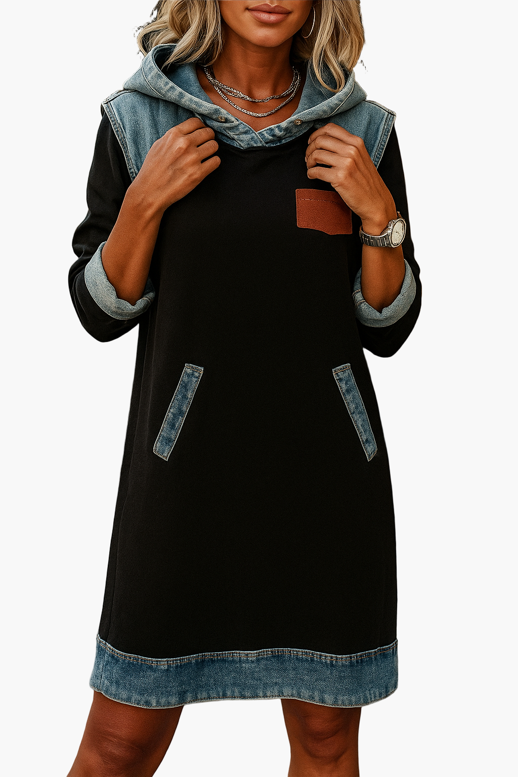 Damen Hoodie-Kleid im Casual-Stil mit Denim-Details – Perfekt für Alltag und Freizeit