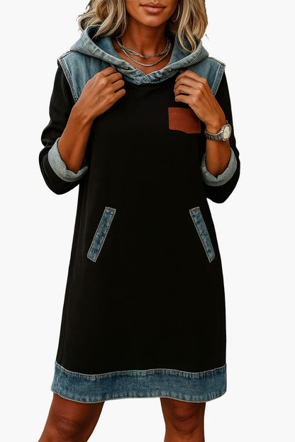 Damen Hoodie-Kleid im Casual-Stil mit Denim-Details – Perfekt für Alltag und Freizeit