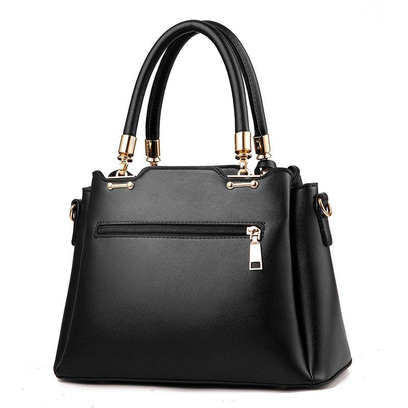 Elegante Damenhandtasche aus Kunstleder – Schwarze Struktur-Tote mit goldenen Details und Schulterriemen