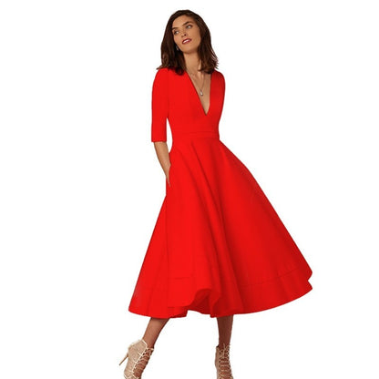 Damen Kleid Vintage-Stil mit V-Ausschnitt und Prinzessinnenrock – Elegantes Midikleid für besondere Anlässe