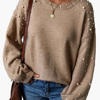 Damen Pullover Elegant mit Perlenbesatz und Ballonärmeln – Modischer Strickpullover für Alltag und Büro