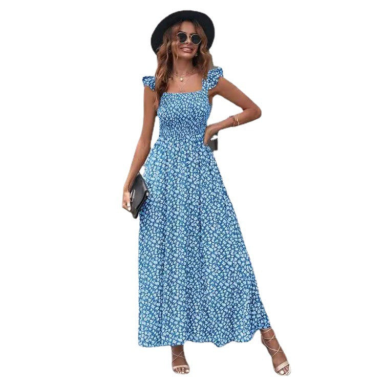 Shirley – Olivgrünes Blumenkleid mit quadratischem Kragen und Rüschensäumen