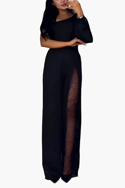 Damen Jumpsuit Elegant Einarmig mit Weitem Bein und Transparenter Applikation – Perfekt für Abend und Events