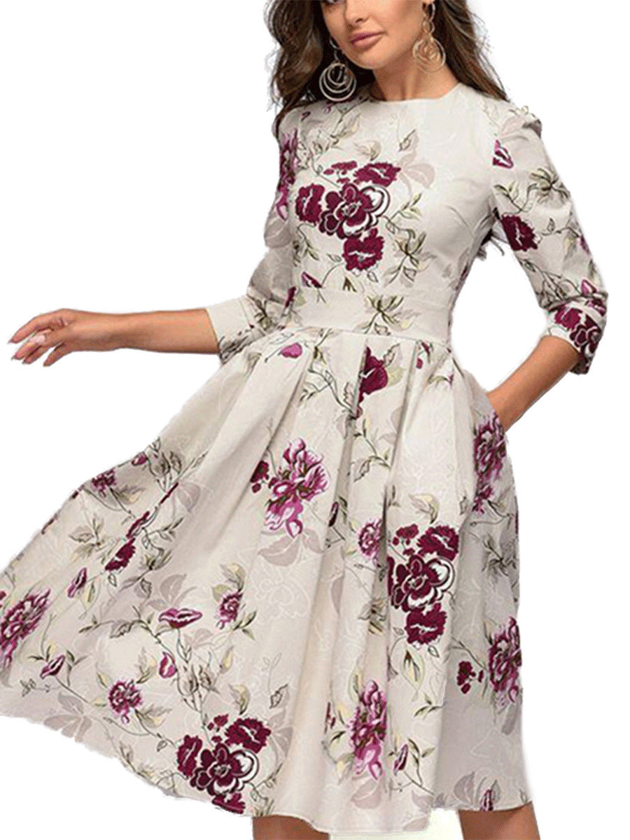 Damen A-Linienkleid mit Blumenmuster – Elegantes Midikleid für Büro und besondere Anlässe
