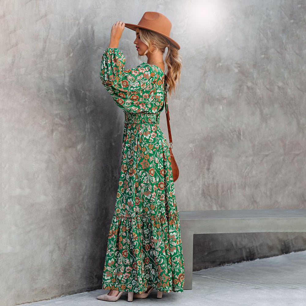 Damen Maxikleid Boho-Stil mit V-Ausschnitt und Blumenmuster – Elegantes Freizeit- und Sommerkleid