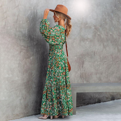Damen Maxikleid Boho-Stil mit V-Ausschnitt und Blumenmuster – Elegantes Freizeit- und Sommerkleid