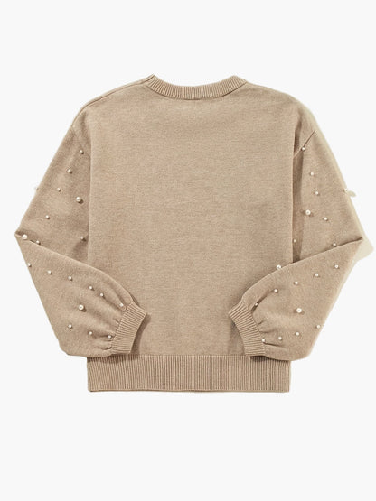 Damen Pullover Elegant mit Perlenbesatz und Ballonärmeln – Modischer Strickpullover für Alltag und Büro