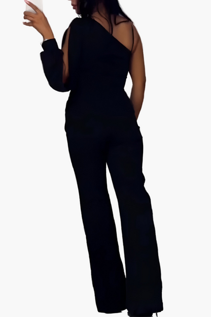 Damen Jumpsuit Elegant Einarmig mit Weitem Bein und Transparenter Applikation – Perfekt für Abend und Events