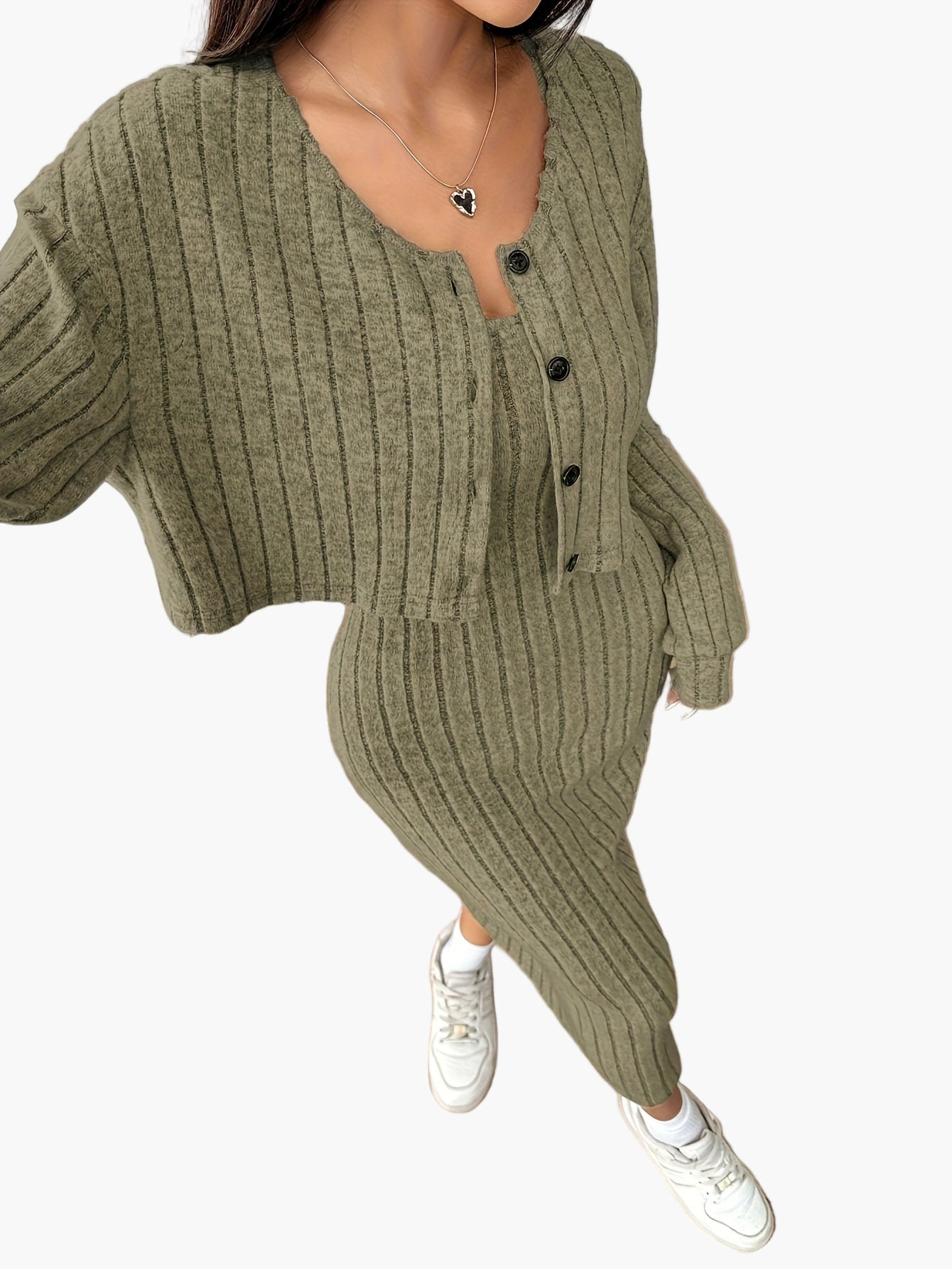 Damen Strick Zweiteiler Set Elegant Freizeit mit Cardigan und Kleid – Ideal für Alltag & Büro