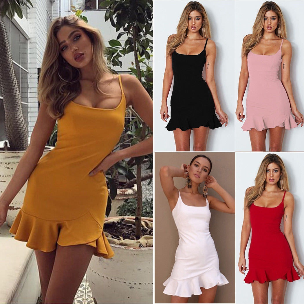 Kelly – Rüschen-Trumpetenkleid Damen Ärmellos Spaghetti-Träger Slim Sommerkleid Party Kurzkleider
