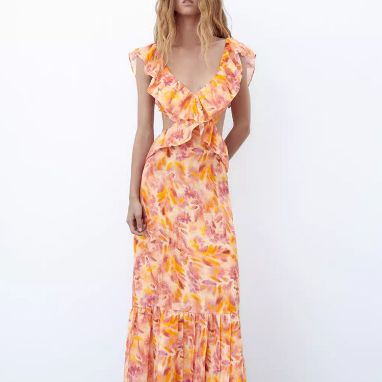 Damen Maxikleid mit Volants und Sommermuster – Elegantes Freizeitkleid für Alltag und Urlaub