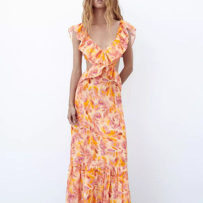 Damen Maxikleid mit Volants und Sommermuster – Elegantes Freizeitkleid für Alltag und Urlaub