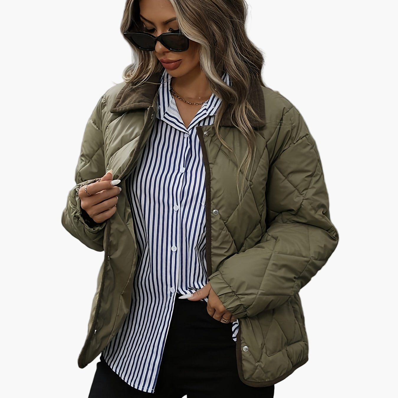 Damen Steppjacke Vintage Stil Übergangsjacke mit Kontrastkragen – Modisch & Vielseitig für Alltag und Freizeit