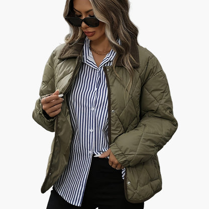 Damen Steppjacke Vintage Stil Übergangsjacke mit Kontrastkragen – Modisch & Vielseitig für Alltag und Freizeit