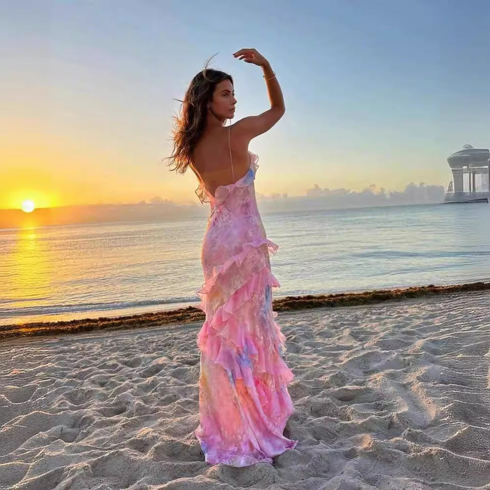 Damen Maxikleid mit Rüschen – Elegantes, ärmelloses Strandkleid im Socialite-Stil für Sommer und besondere Anlässe