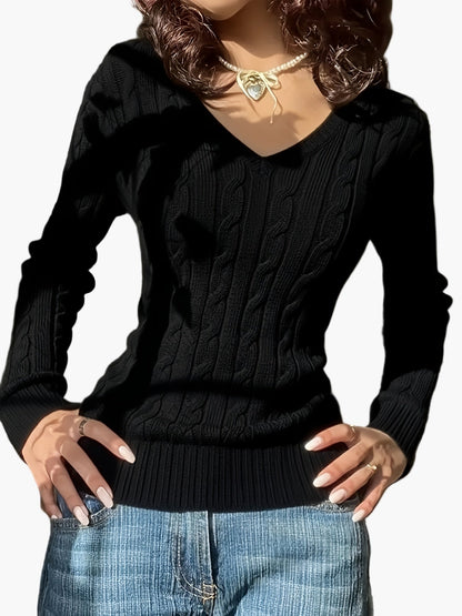 Damen Pullover im Zopfmuster mit V-Ausschnitt – Modischer Freizeit Strickpullover