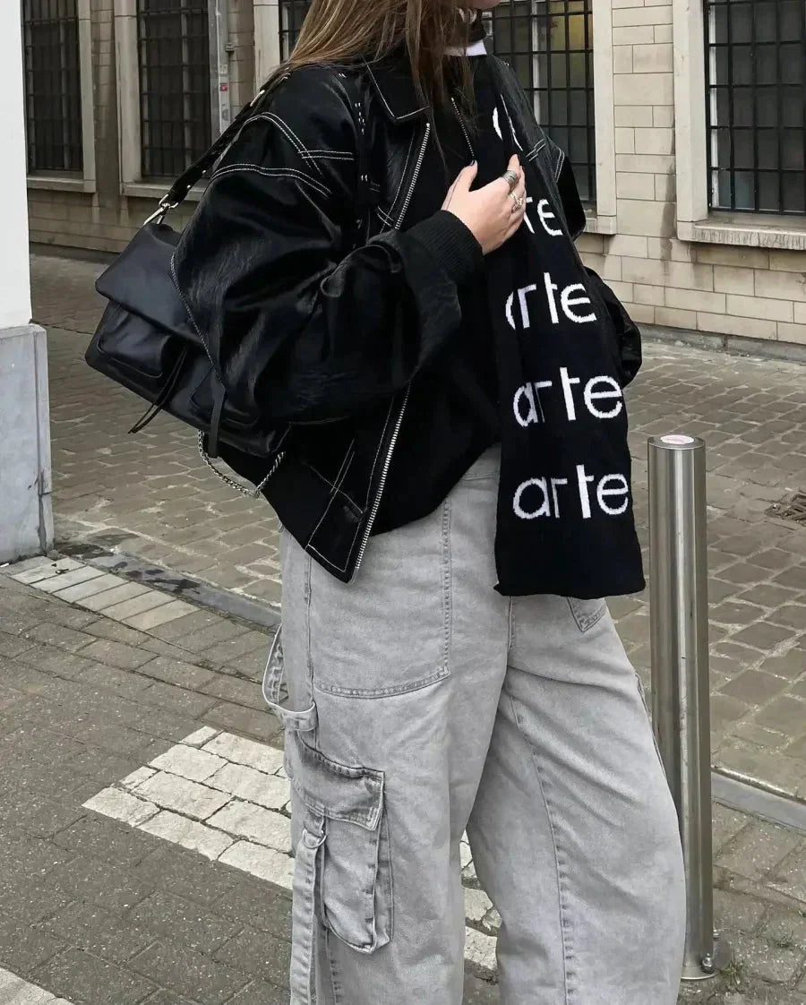 Damen Oversized Kunstleder Bomberjacke Streetstyle Übergangsjacke Trendige Freizeitmode