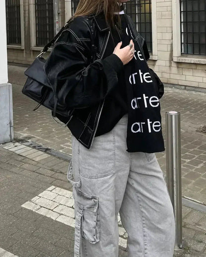 Damen Oversized Kunstleder Bomberjacke Streetstyle Übergangsjacke Trendige Freizeitmode