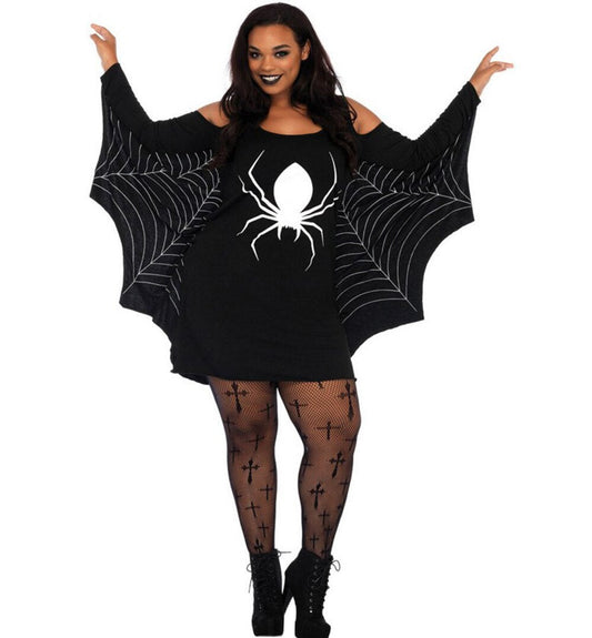 Damen Halloween Spinnenkostüm – Kleid mit Spinnennetz-Ärmeln für Party & Karneval