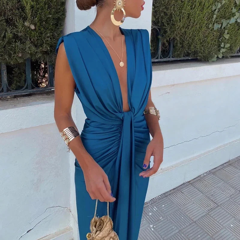 Damen Elegantes Abendkleid mit Tiefem V-Ausschnitt und Drapierung – Perfekt für besondere Anlässe