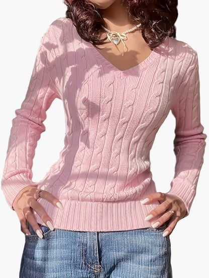 Damen Pullover im Zopfmuster mit V-Ausschnitt – Modischer Freizeit Strickpullover