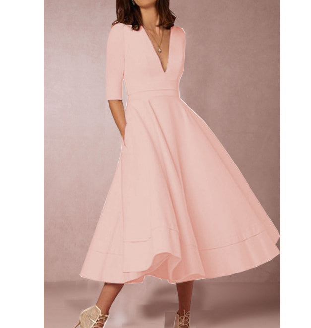 Damen Kleid Vintage-Stil mit V-Ausschnitt und Prinzessinnenrock – Elegantes Midikleid für besondere Anlässe