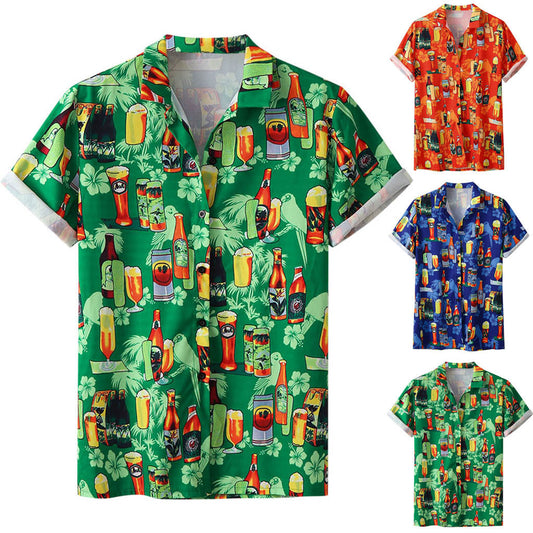 Herren Hawaiihemd mit Cocktail- und Bierflaschen-Print – Oktoberfest Sommer Freizeit Partyhemd