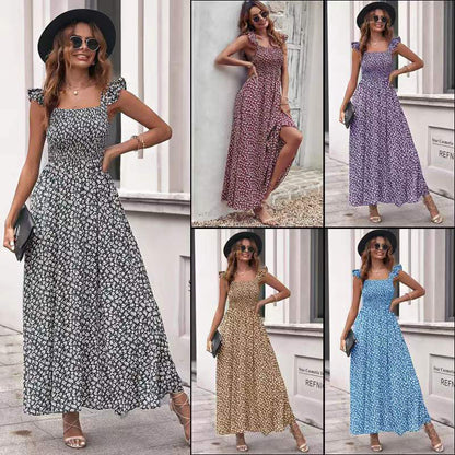 Shirley – Olivgrünes Blumenkleid mit quadratischem Kragen und Rüschensäumen