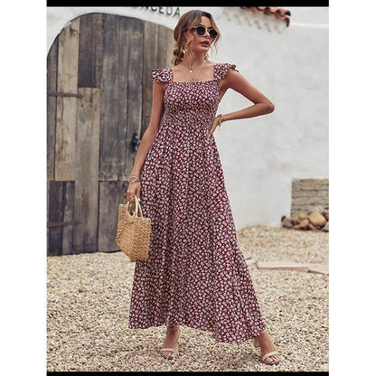 Shirley – Olivgrünes Blumenkleid mit quadratischem Kragen und Rüschensäumen