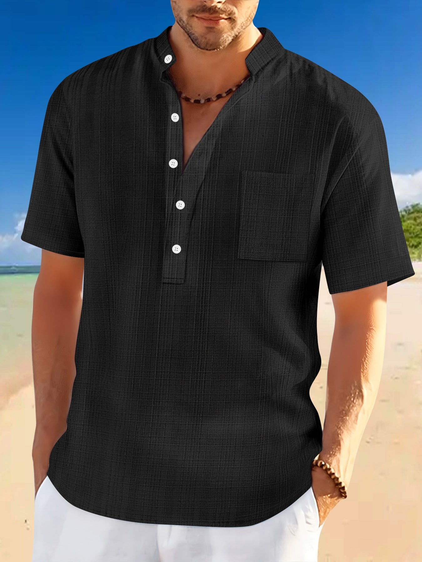 Steven – Kurzärmeliges Freizeit-Henley-Shirt mit Stehkragen