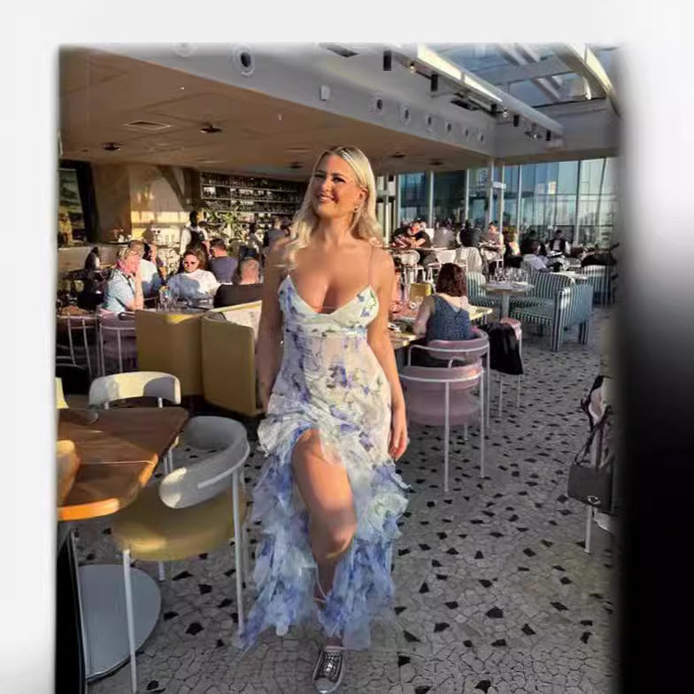 Damen Maxikleid mit 3D-Print für elegante Anlässe und Sommer-Partys – Organza, ärmellos, femininer Stil